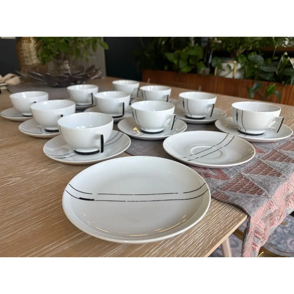 Vintage Ćmielów Poland Porcelain Coffee Tea Set - MCM Black Line Geometric